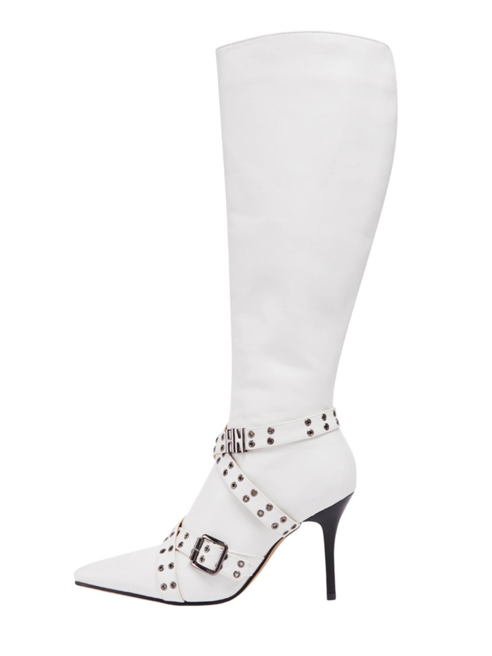Nii Hai White Studded Pointed-Toe Knee Boot with Stiletto Heel